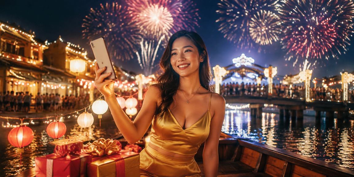 Khung cảnh chợ đêm Hội An với người chơi casino trực tuyến trên điện thoại