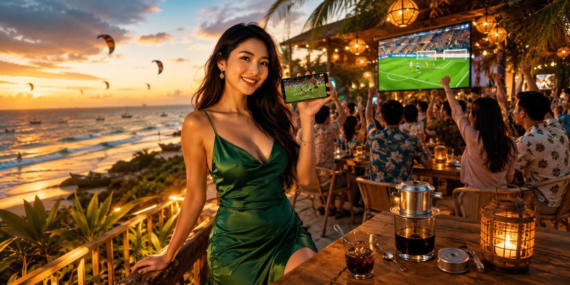 Người dùng theo dõi kèo bóng đá và thực hiện giao dịch xsk tại quán cà phê biển Mũi Né